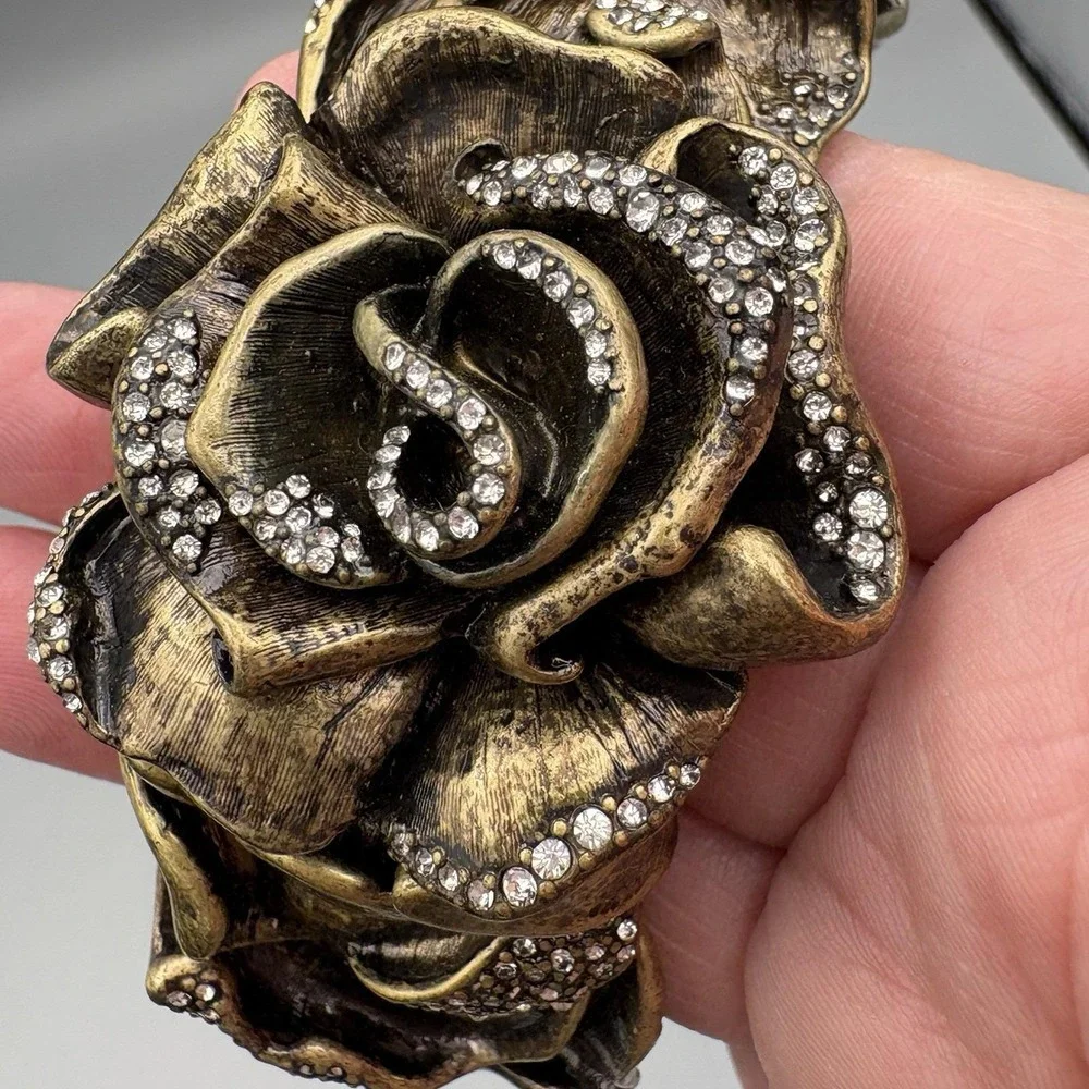 Vintage Rose Statement Bracelet Bronze Crystals Romantic HEAVY